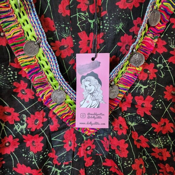 NEW Dolly's D-Lite Custom Long Sleeve V Neck Micro Mini Dress Floral Fringe Sz M - Picture 6 of 16